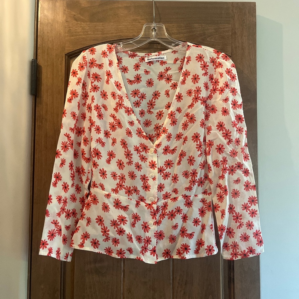 Reformation floral print blouse with peplum waist